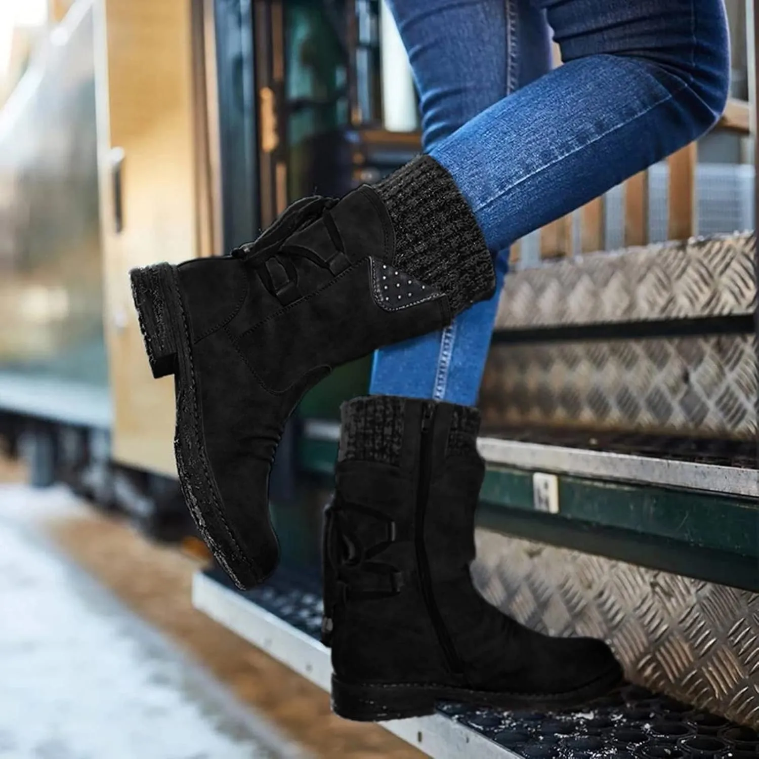 AMDBEL Boots for Women Fashion Dressy, Snow Boots for Women Fur Lined Round Toe Boots Square Heel Outdoor Mid Calf Boots