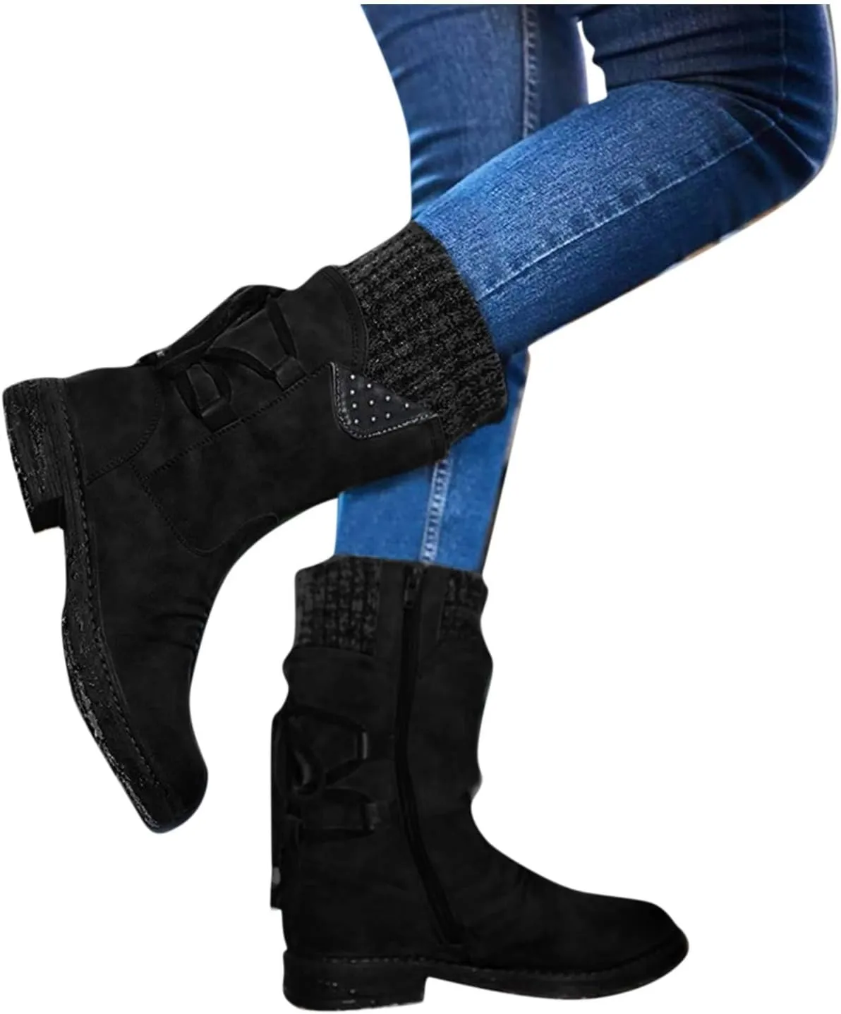 AMDBEL Boots for Women Fashion Dressy, Snow Boots for Women Fur Lined Round Toe Boots Square Heel Outdoor Mid Calf Boots