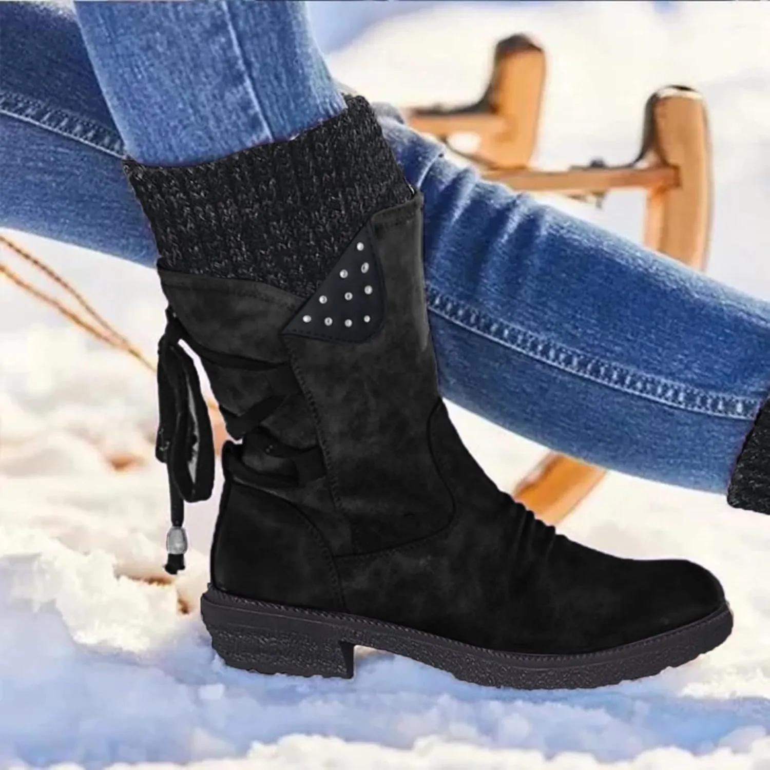 AMDBEL Boots for Women Fashion Dressy, Snow Boots for Women Fur Lined Round Toe Boots Square Heel Outdoor Mid Calf Boots