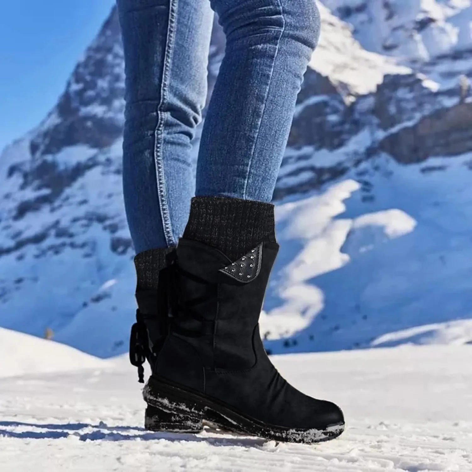 AMDBEL Boots for Women Fashion Dressy, Snow Boots for Women Fur Lined Round Toe Boots Square Heel Outdoor Mid Calf Boots