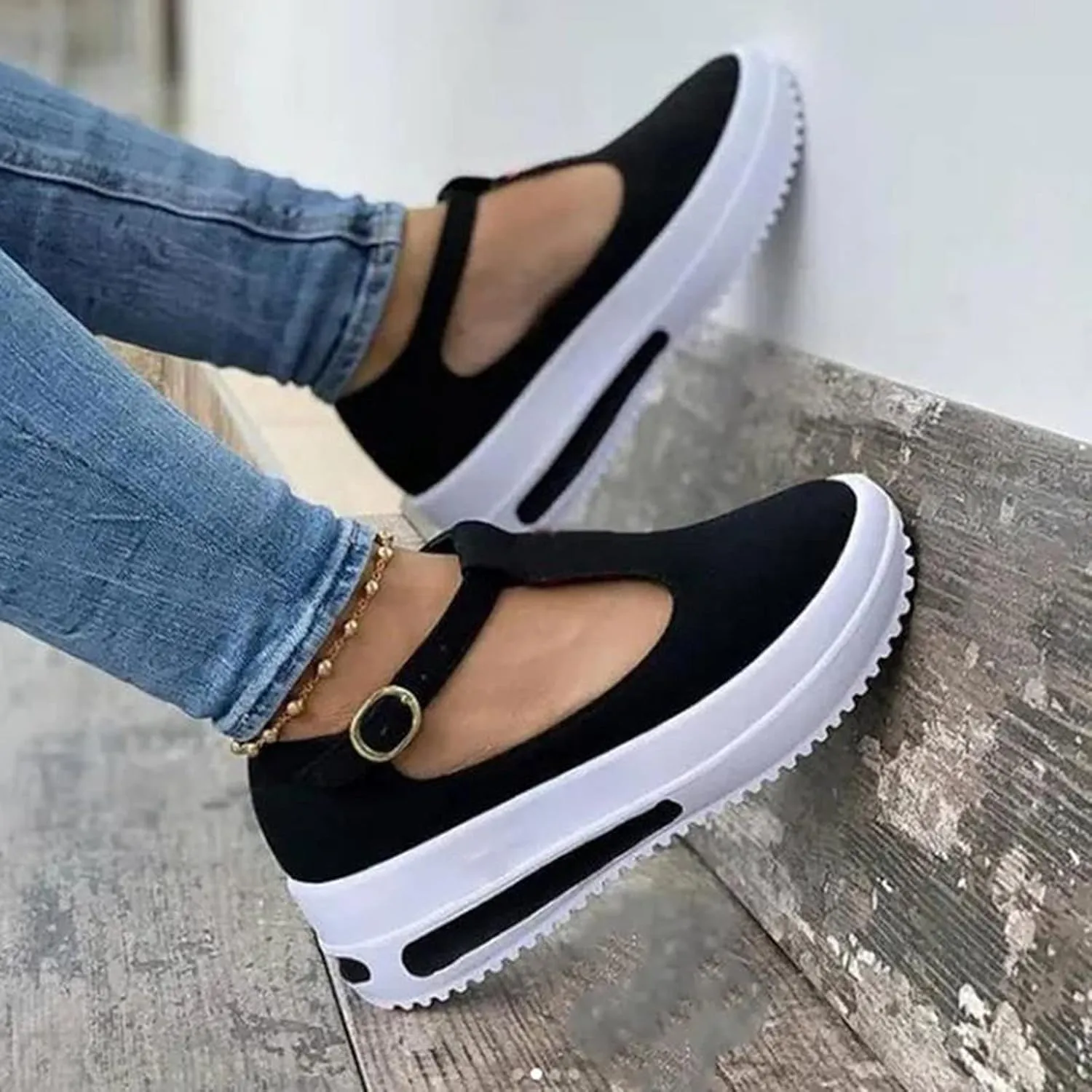 Aniywn Womens Platform Shoes Closed Toe Wedge Sandals Summer Casual Non-Slip Ankle T-Strap Comfort Shoes Walking Loafers