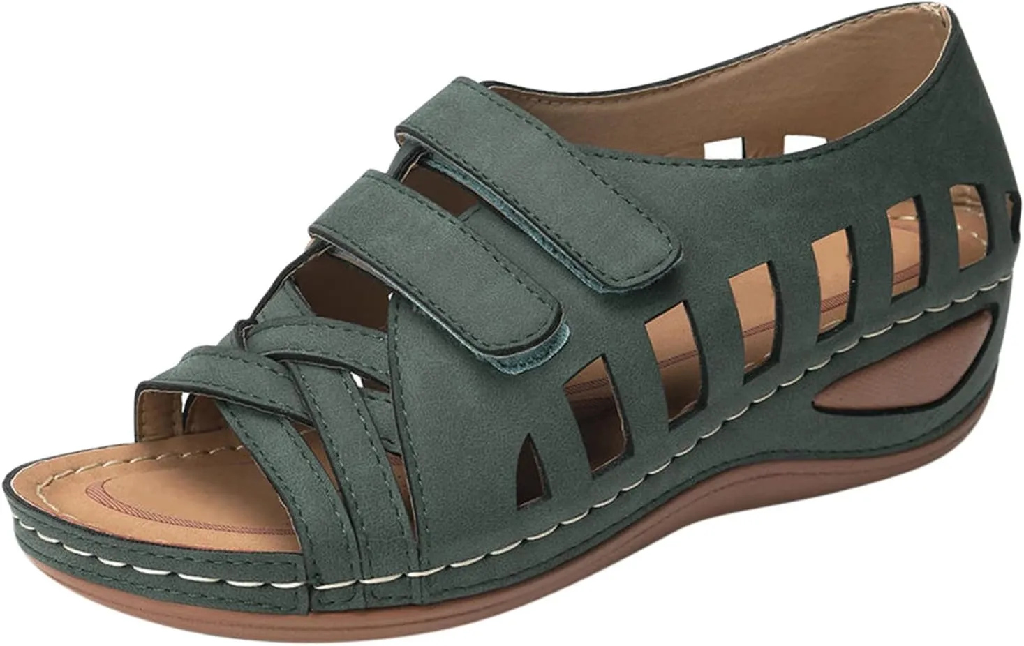 Army Green 8 Dressy Flat Sandals Gladiator Vintage Eyelet Peep toe Criss Cross Wedge Falt Shoes for Women Sandals