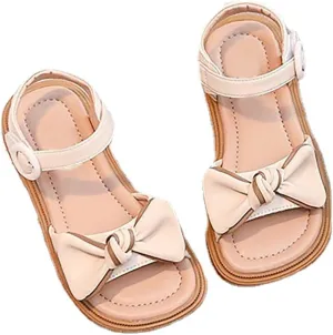 Baby Toddler Infant Sandals Square Open Toe Bow School Dress Shoes Adjustable Strap Slip On Flat Sandal (Beige, 12.5 Little Child)