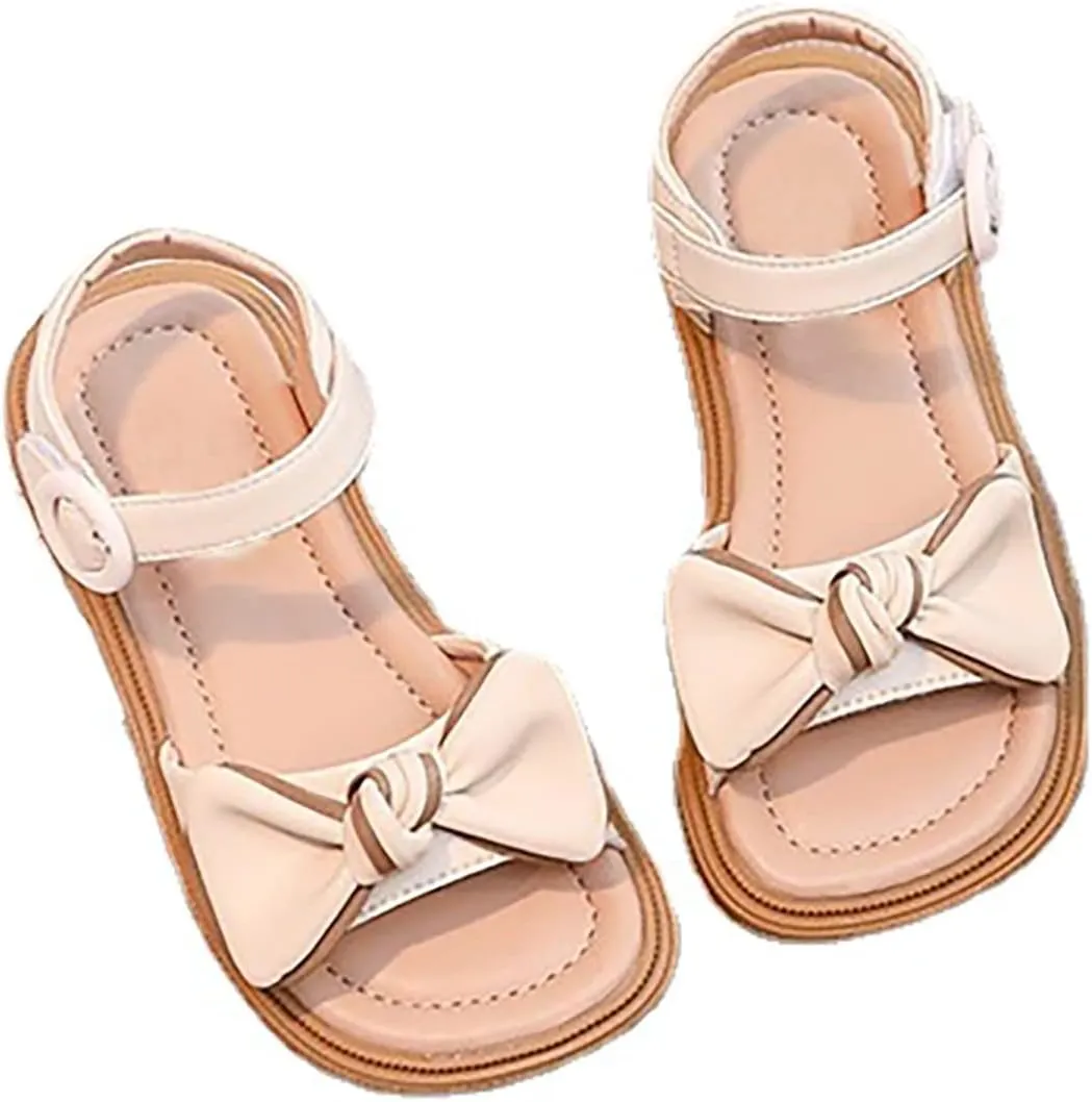 Baby Toddler Infant Sandals Square Open Toe Bow School Dress Shoes Adjustable Strap Slip On Flat Sandal (Beige, 12.5 Little Child)