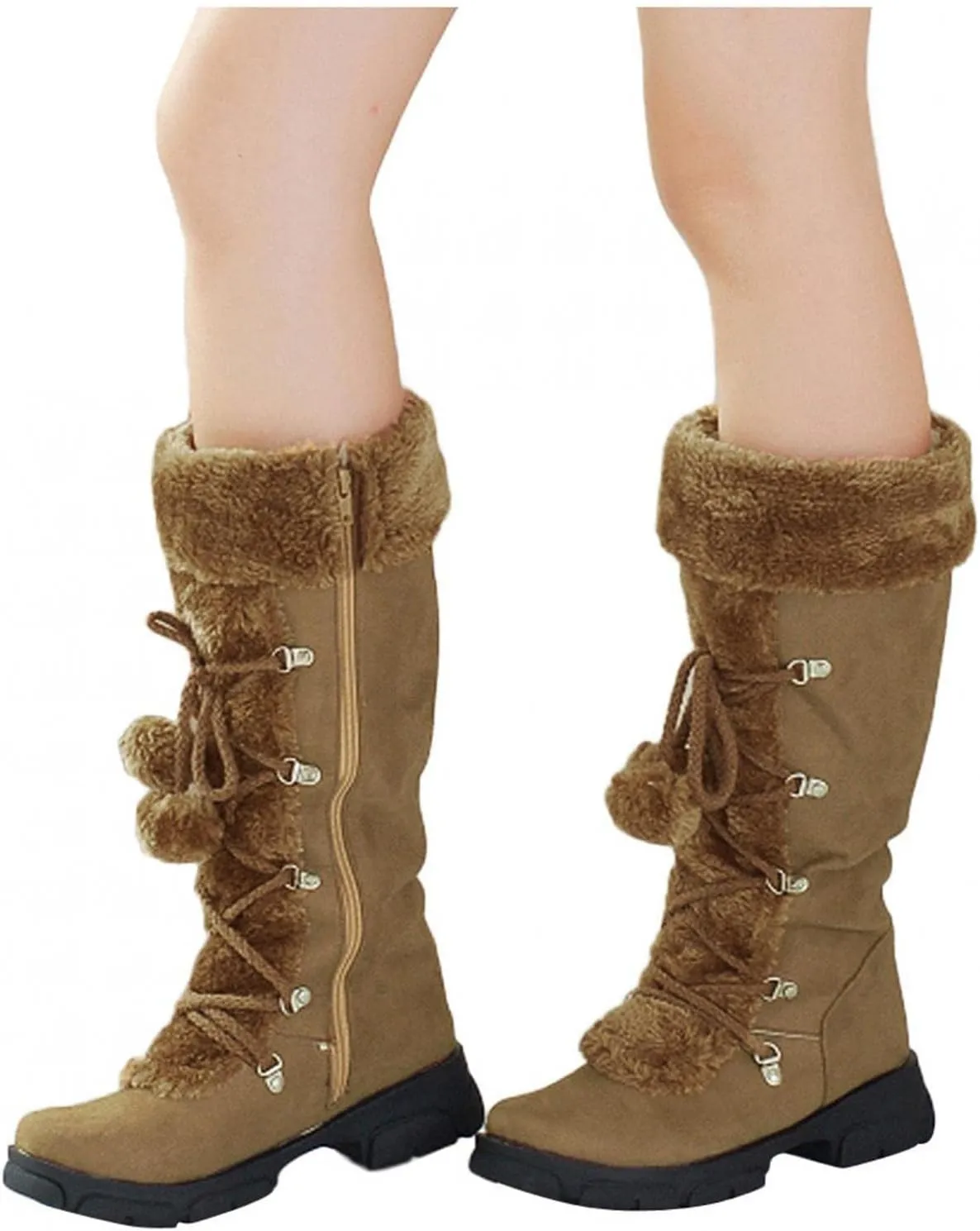 Bcshiye Mid Calf Boots for Women Fully Fur Lining Warm Boots Suede Low Heel Round Toe Slip-on Winter Snow Boots