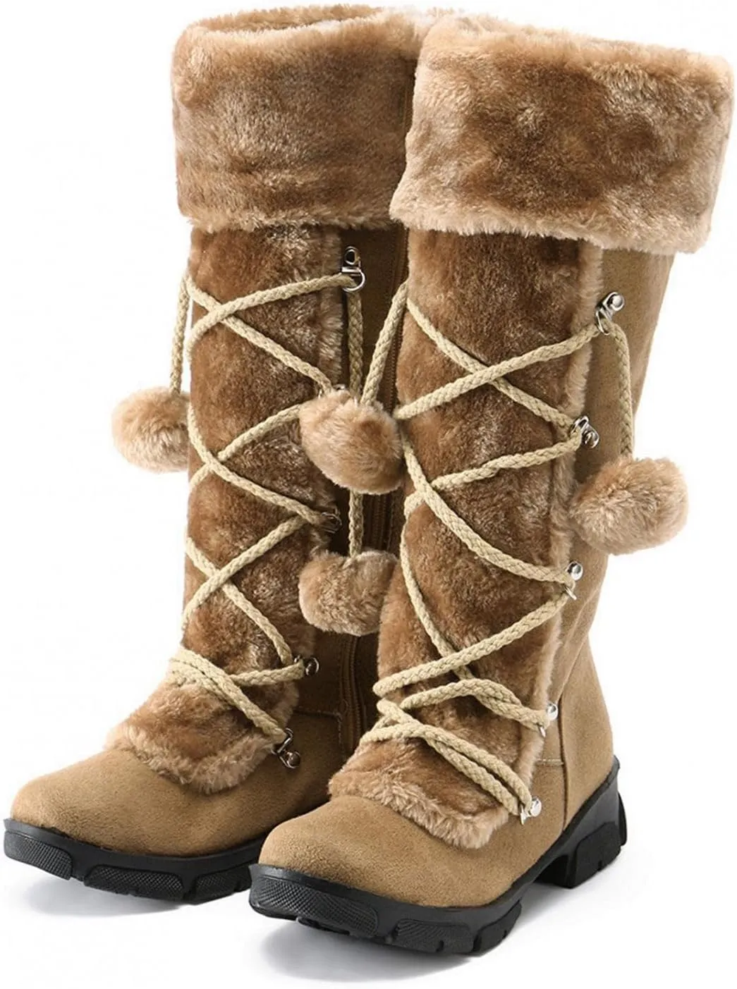 Bcshiye Mid Calf Boots for Women Fully Fur Lining Warm Boots Suede Low Heel Round Toe Slip-on Winter Snow Boots