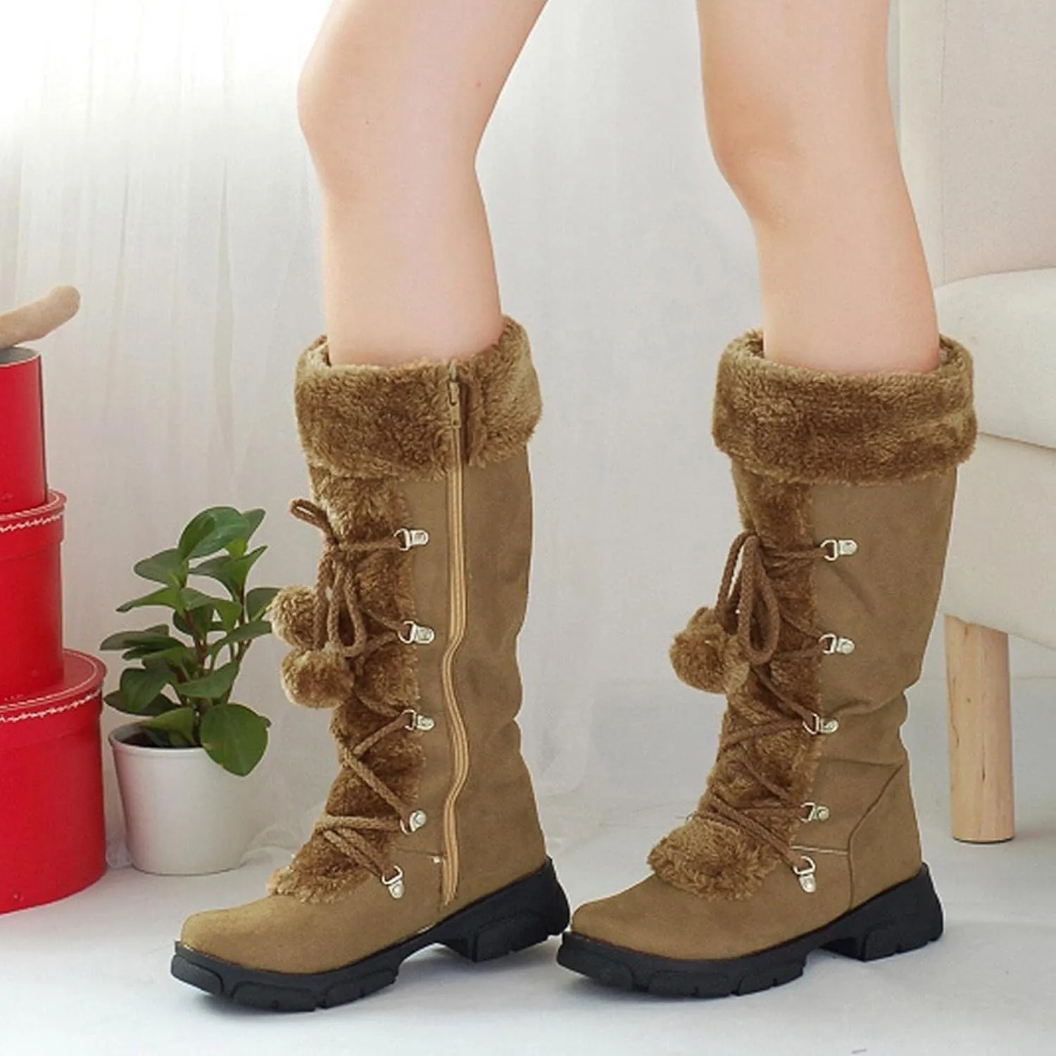 Bcshiye Mid Calf Boots for Women Fully Fur Lining Warm Boots Suede Low Heel Round Toe Slip-on Winter Snow Boots