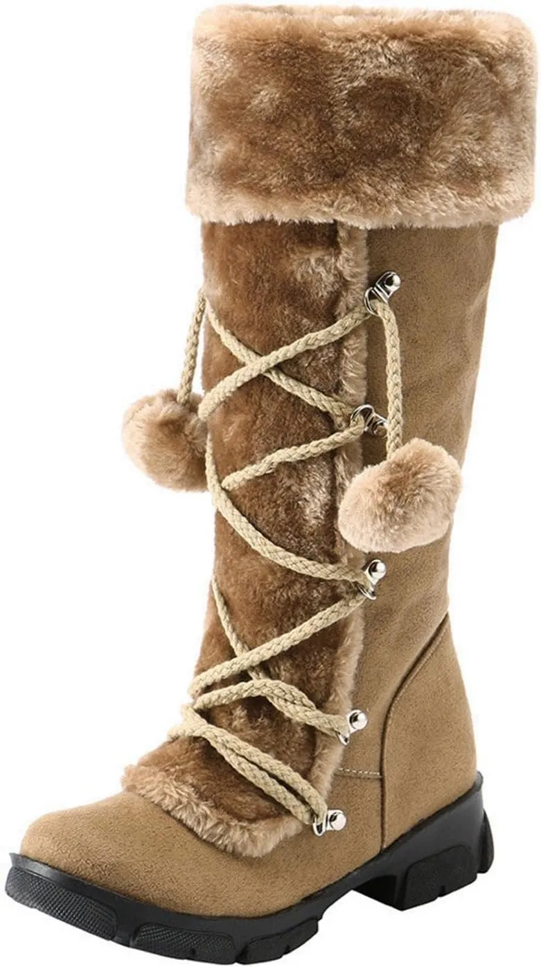 Bcshiye Mid Calf Boots for Women Fully Fur Lining Warm Boots Suede Low Heel Round Toe Slip-on Winter Snow Boots