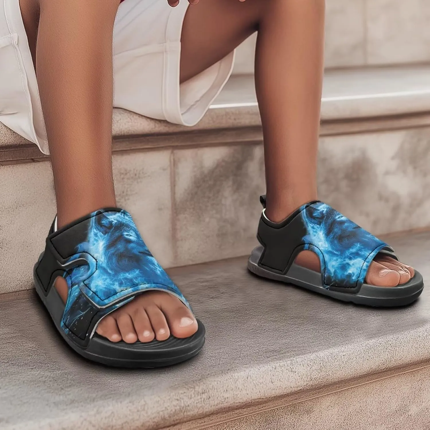 Boys Sandals Summer Kids Shoes Fire Dragon Print Open Toe Sport Outdoor Athletic Sandals Quick Dry Water Shoes