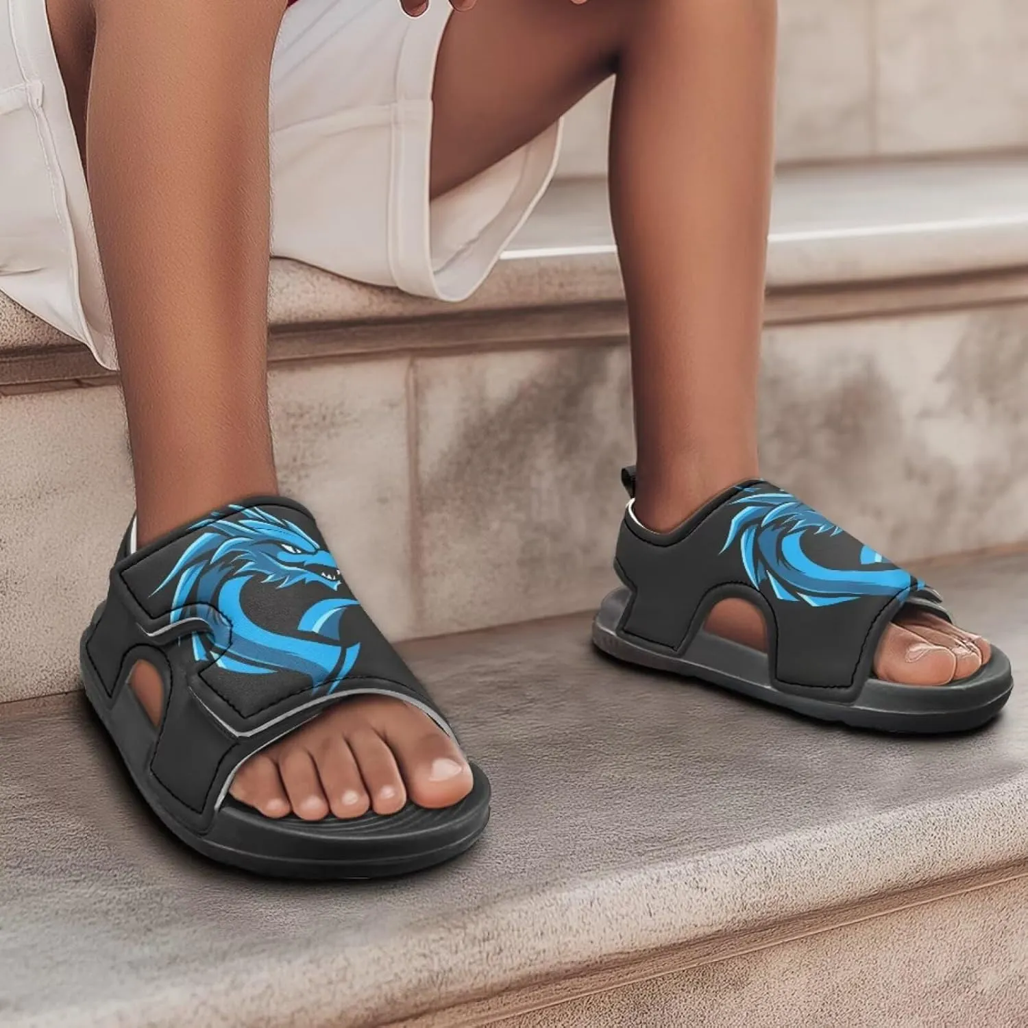 Boys Sandals Summer Kids Shoes Fire Dragon Print Open Toe Sport Outdoor Athletic Sandals Quick Dry Water Shoes