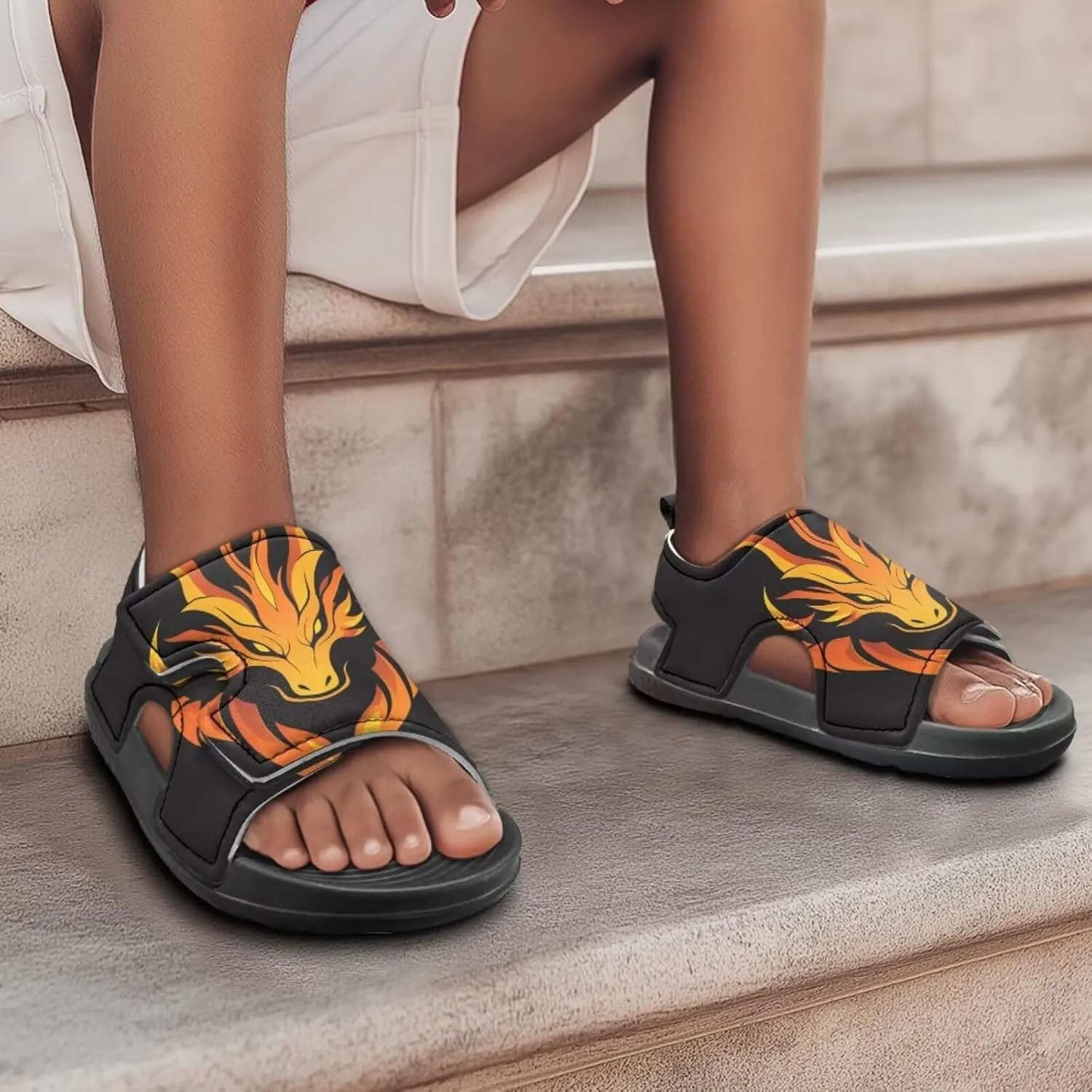 Boys Sandals Summer Kids Shoes Fire Dragon Print Open Toe Sport Outdoor Athletic Sandals Quick Dry Water Shoes