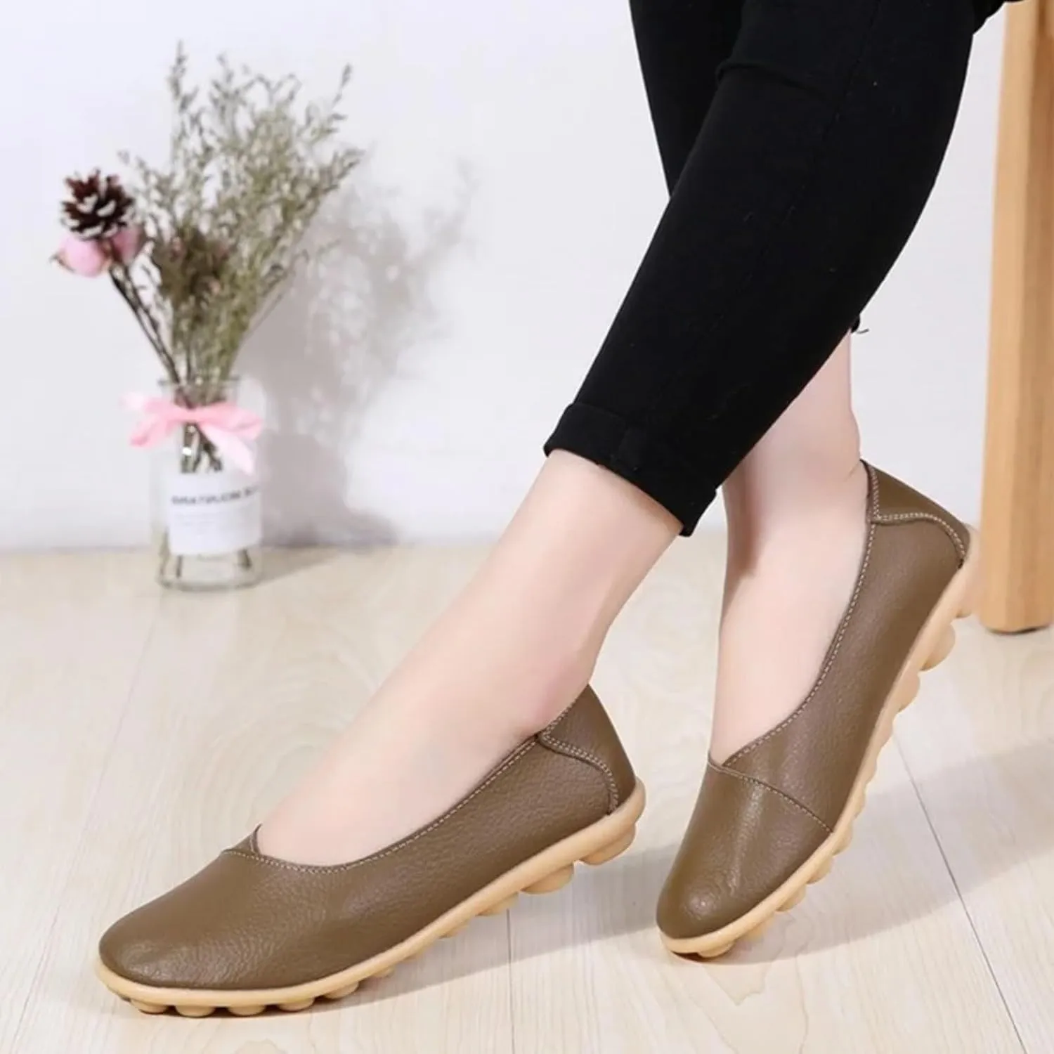 Comfortable Leather Shoes for Women Solid Non Slip 女式平底鞋 Shoes Soft Walking Driving Business Casual Elevator