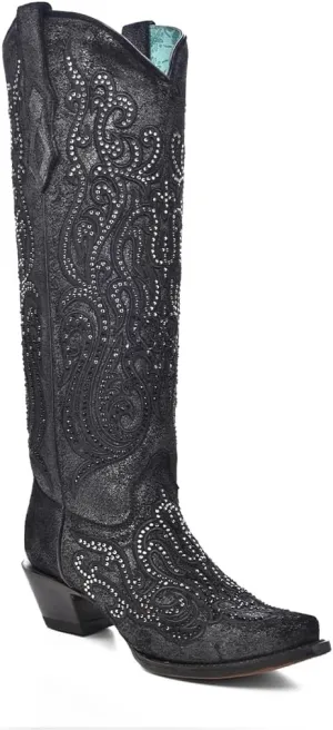 CORRAL LADIE'S BLACK OVERLAY & CRYSTALS TALL TOP, LEATHER SOLE, COWHIDE LEATHER, WESTERN BOOTS, C4097