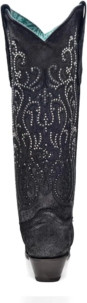 CORRAL LADIE'S BLACK OVERLAY & CRYSTALS TALL TOP, LEATHER SOLE, COWHIDE LEATHER, WESTERN BOOTS, C4097
