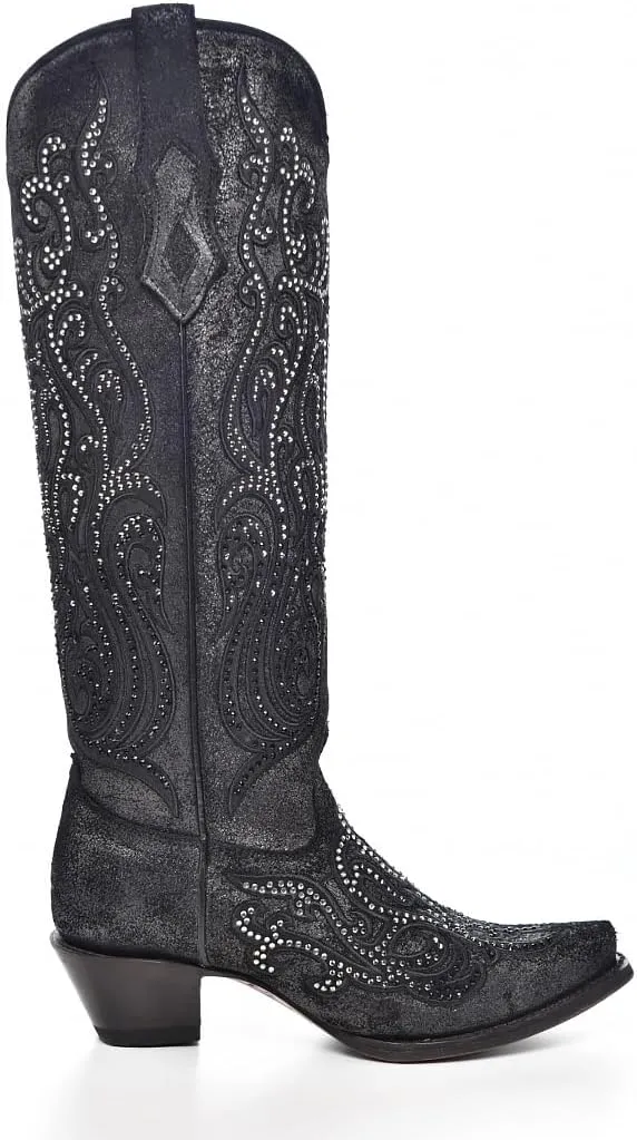 CORRAL LADIE'S BLACK OVERLAY & CRYSTALS TALL TOP, LEATHER SOLE, COWHIDE LEATHER, WESTERN BOOTS, C4097