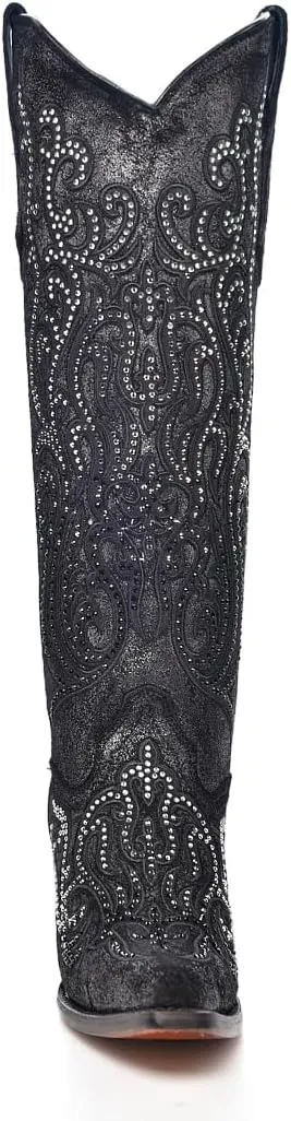 CORRAL LADIE'S BLACK OVERLAY & CRYSTALS TALL TOP, LEATHER SOLE, COWHIDE LEATHER, WESTERN BOOTS, C4097