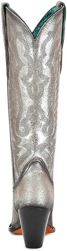 CORRAL LADIE'S OLADIE'S SILVER METALLIZED LEATHER & EMBROIDERY TALL TOP POINTED TOE, LEATHER SOLE, COWHIDE LEATHER, URBAN BOOTS, Z5224