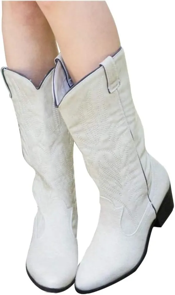 Cowboy Boots for Women Low Heel Ankle Bootie Winter Lace up Low Stacked Block Heel Mid Calf Military Combat Boots 52