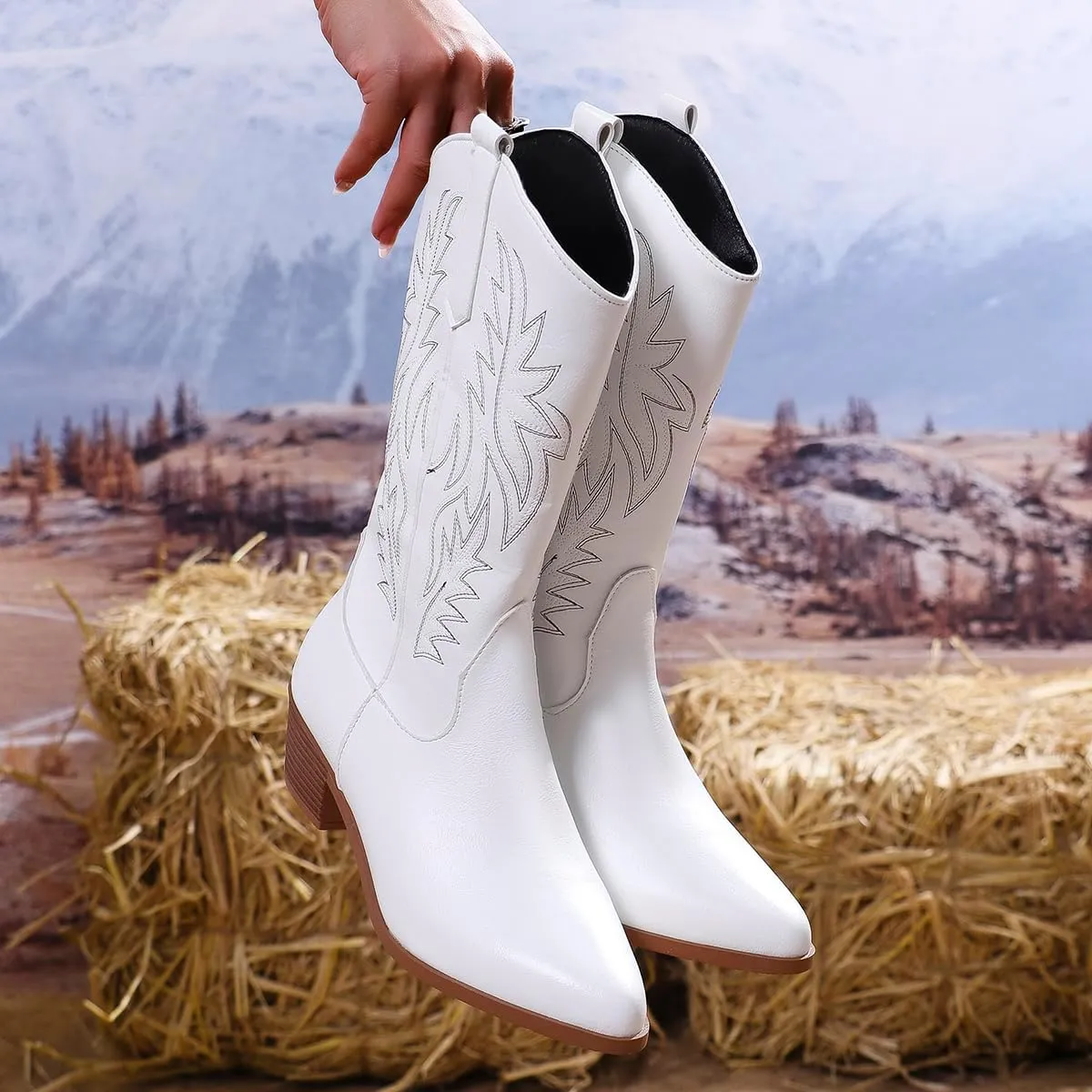 Cowgirl Boot for Women,Retro Classic Mid Calf Western Boots Embroidered Pointed Toe Chunky Block Heel Cowboy Boots