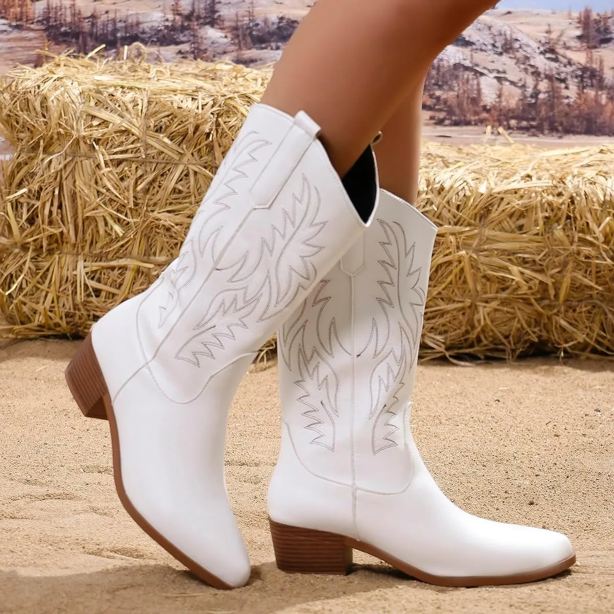 Cowgirl Boot for Women,Retro Classic Mid Calf Western Boots Embroidered Pointed Toe Chunky Block Heel Cowboy Boots