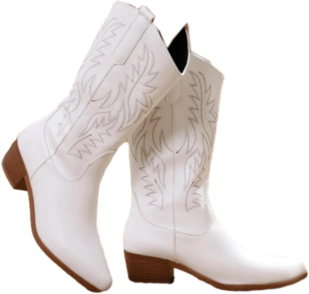 Cowgirl Boot for Women,Retro Classic Mid Calf Western Boots Embroidered Pointed Toe Chunky Block Heel Cowboy Boots