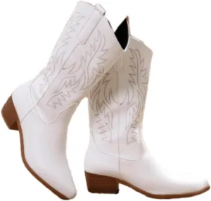 Cowgirl Boot for Women,Retro Classic Mid Calf Western Boots Embroidered Pointed Toe Chunky Block Heel Cowboy Boots