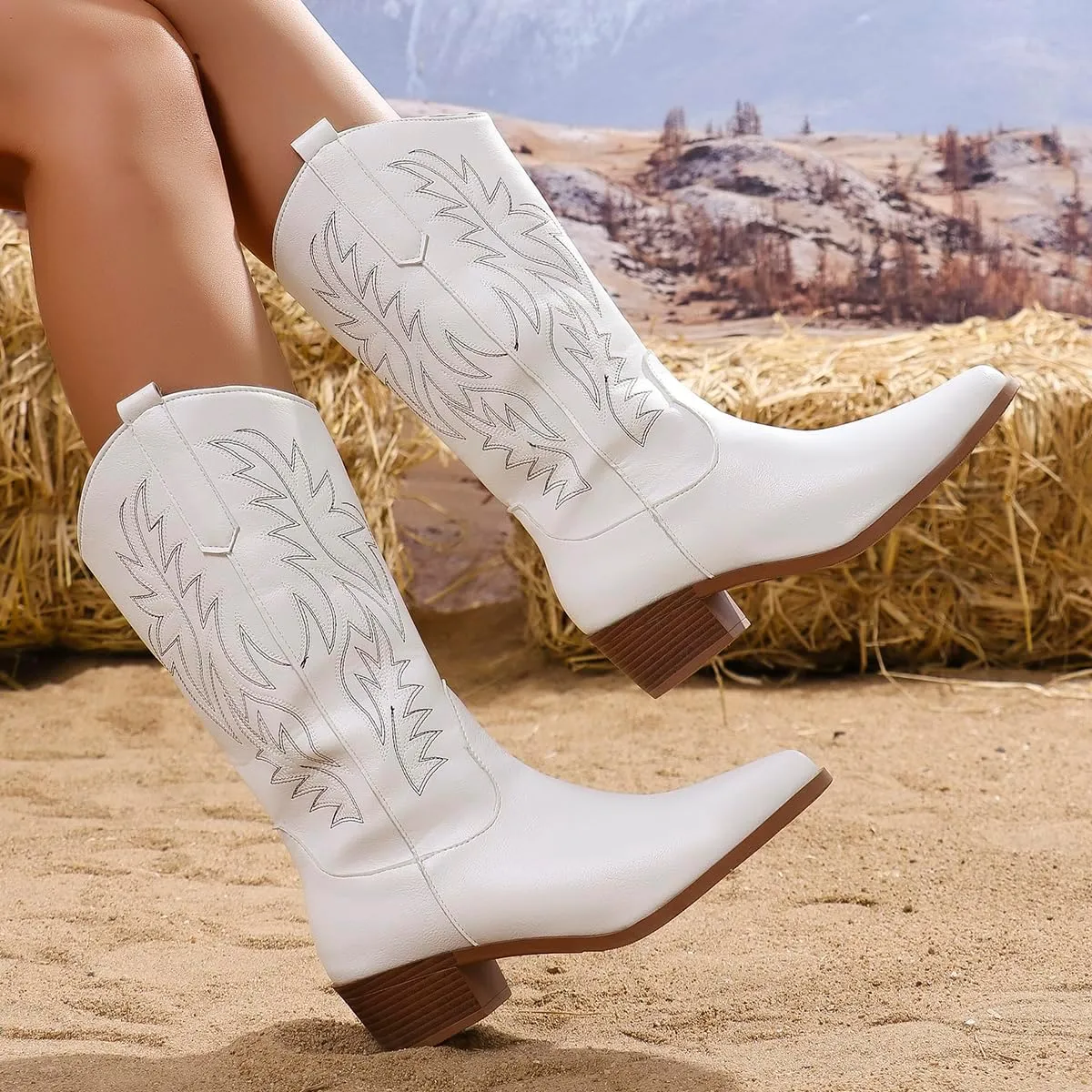 Cowgirl Boot for Women,Retro Classic Mid Calf Western Boots Embroidered Pointed Toe Chunky Block Heel Cowboy Boots