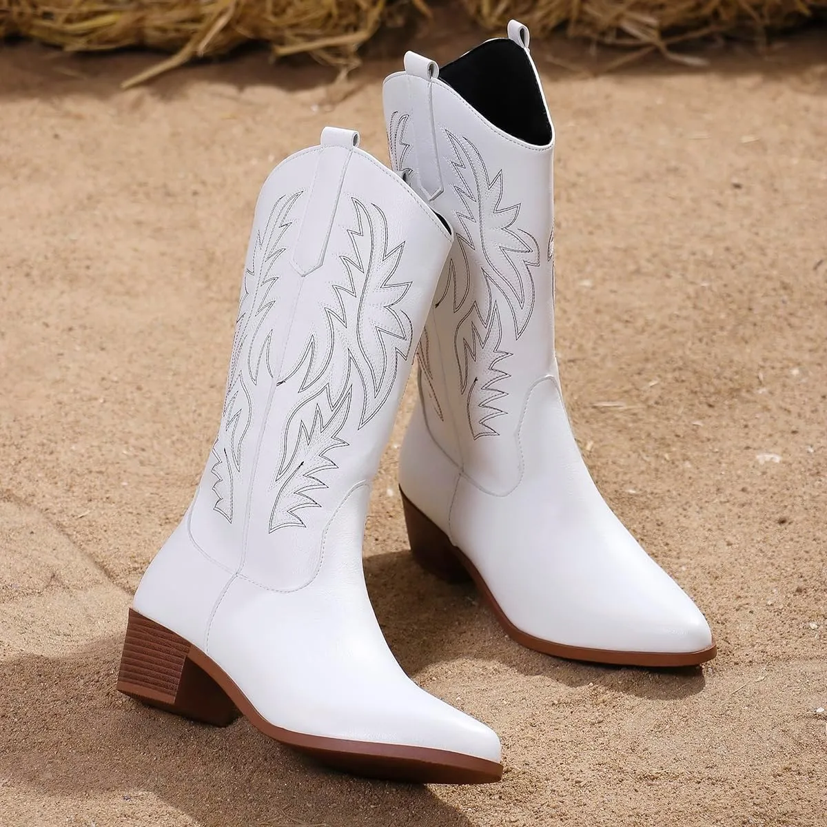 Cowgirl Boot for Women,Retro Classic Mid Calf Western Boots Embroidered Pointed Toe Chunky Block Heel Cowboy Boots