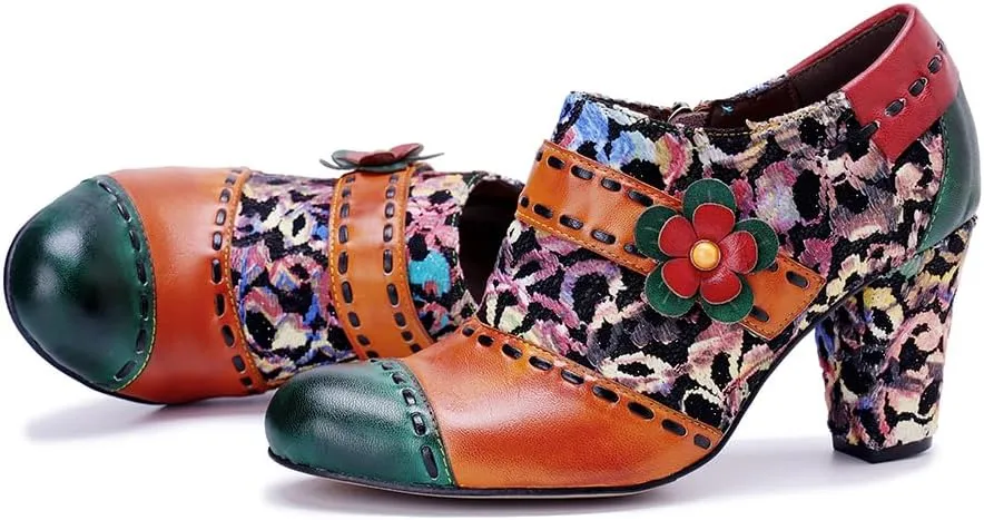 CrazycatZ Women's Leather Dressing Shoes Pumps,Colorful Block Heel Leather Dress Pumps