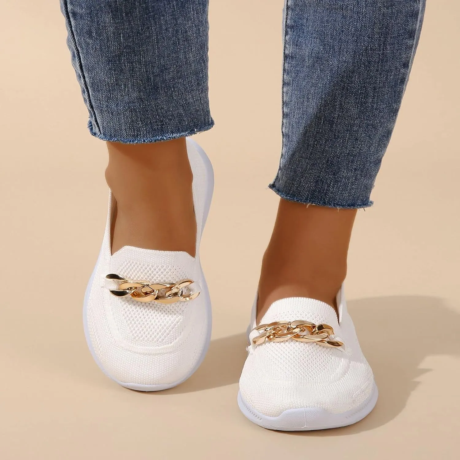 Crepuscute Women's Mesh with Chain Flat Fashion Walking Sneakers,Slip On Comfort Breathable Lightweight Soft Bottom Casual Loafers