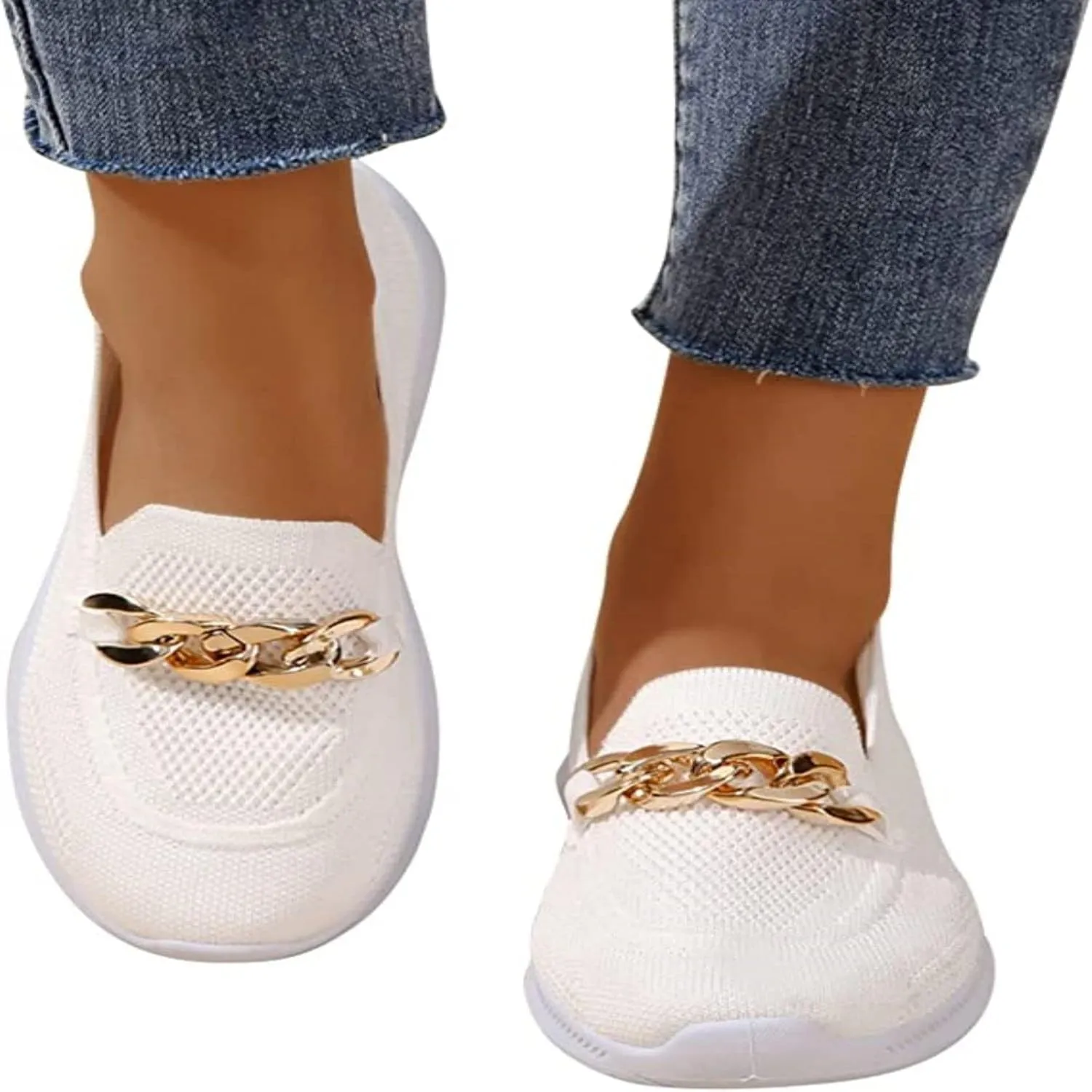 Crepuscute Women's Mesh with Chain Flat Fashion Walking Sneakers,Slip On Comfort Breathable Lightweight Soft Bottom Casual Loafers