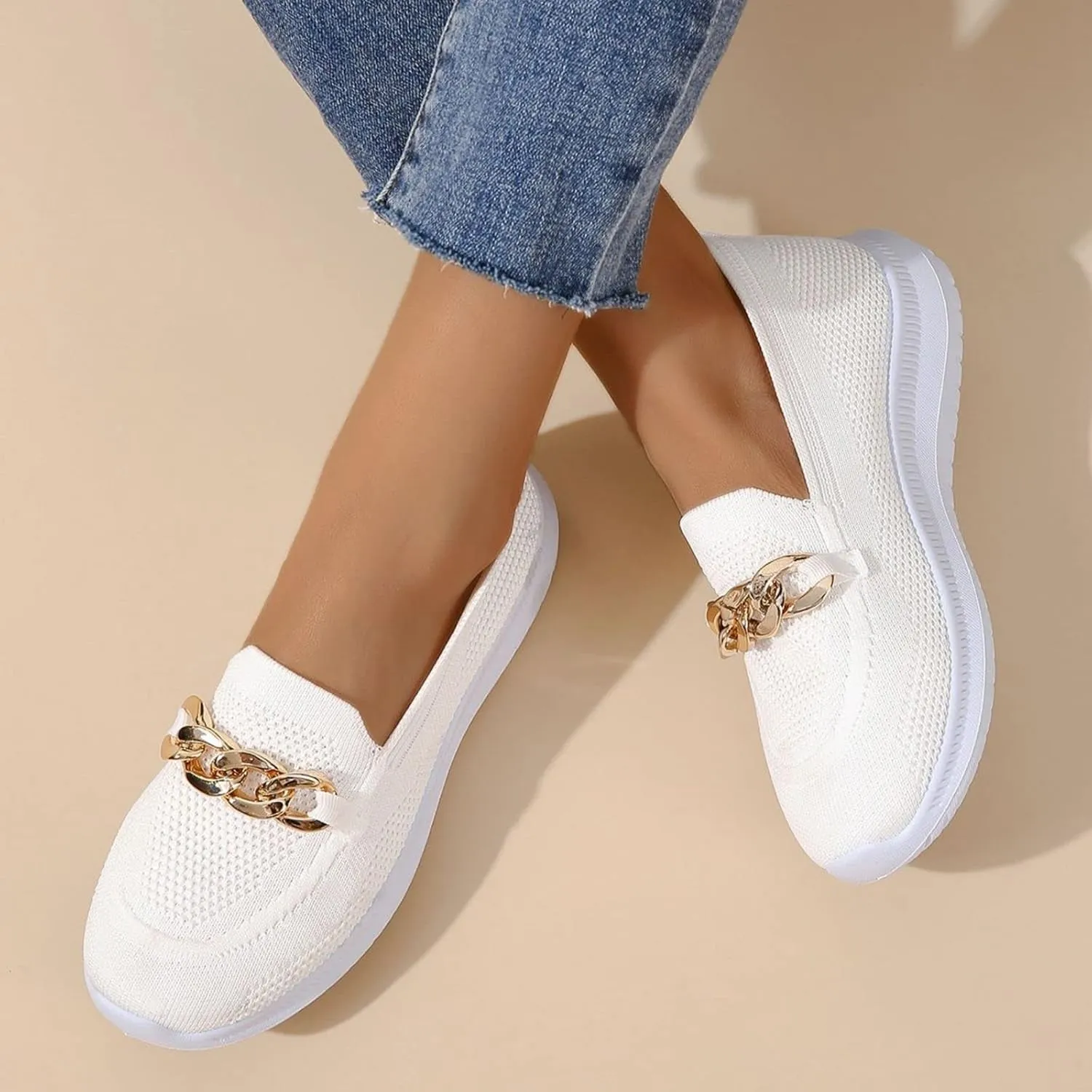 Crepuscute Women's Mesh with Chain Flat Fashion Walking Sneakers,Slip On Comfort Breathable Lightweight Soft Bottom Casual Loafers