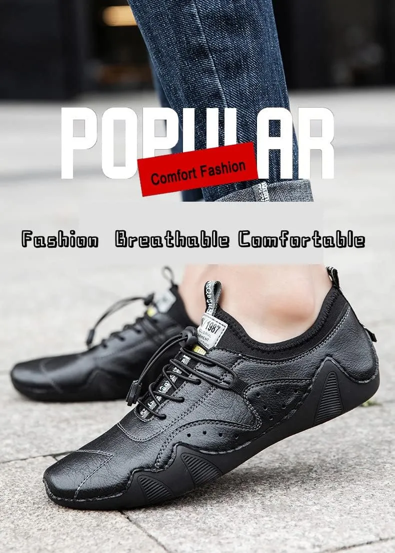 DESESE Mens lace up Hand Stitching Leather Soft Casual Driving Shoes,Breathable Comfortable Sneakers Outdoor Loafers Boat Shoes