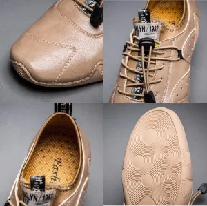 DESESE Mens lace up Hand Stitching Leather Soft Casual Driving Shoes,Breathable Comfortable Sneakers Outdoor Loafers Boat Shoes