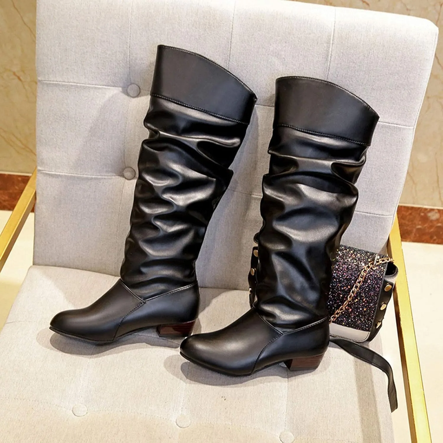 Extra Wide Calf Western Boots for Women Plus Size Dressy Boots Women 2 Inch Knee High Black Cowgirl Boots Wide Calf No Heel Womens Brown Leather Shoes Cowboy Boots for Women Booties and Mid Calf