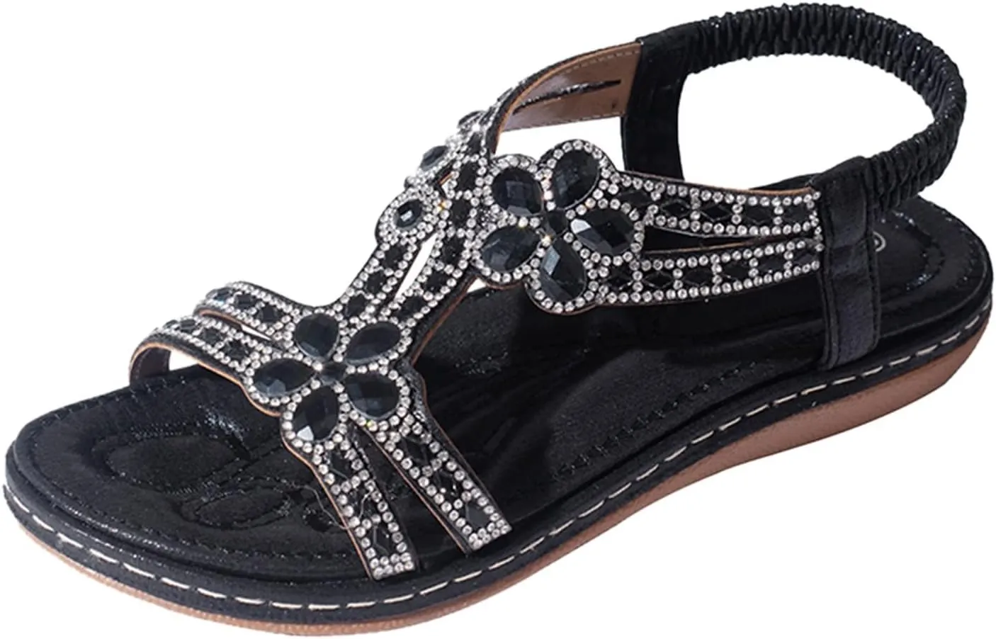 Flat Sandals for Women Dressy Bohemia Rhinestone Slip-on Open Toe Strappy Slides Vacation Non Slip on Summer Shoes Ladies Vintage Beach Boho Sandals