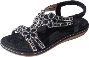 Flat Sandals for Women Dressy Bohemia Rhinestone Slip-on Open Toe Strappy Slides Vacation Non Slip on Summer Shoes Ladies Vintage Beach Boho Sandals