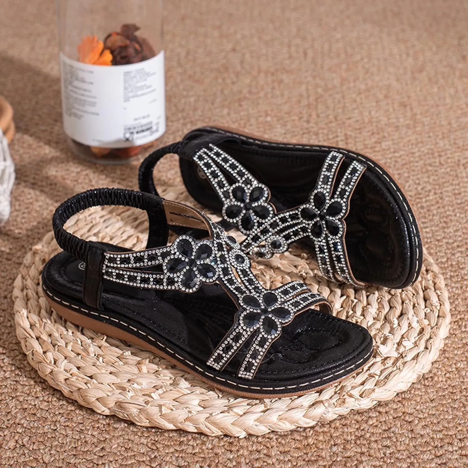Flat Sandals for Women Dressy Bohemia Rhinestone Slip-on Open Toe Strappy Slides Vacation Non Slip on Summer Shoes Ladies Vintage Beach Boho Sandals