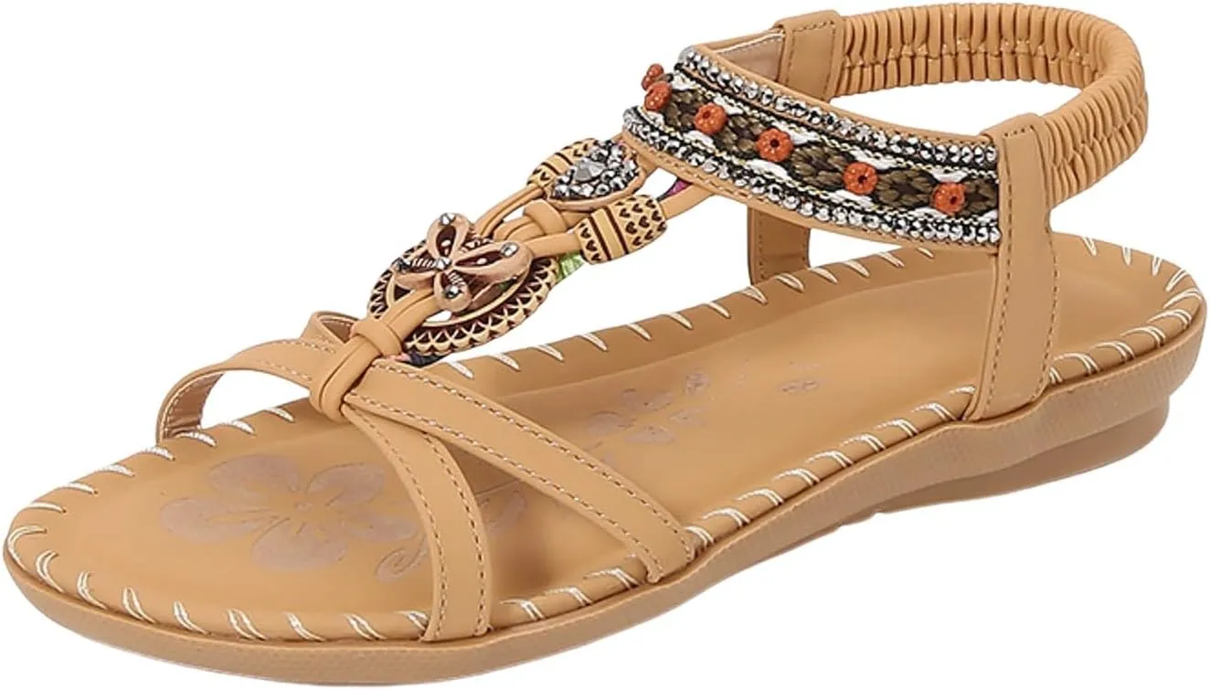 Flat Sandals for Women Dressy Open Toe Fashion Bohemian Lightweight Cushion Elastic Ankle Strap Summer Walking Shoes