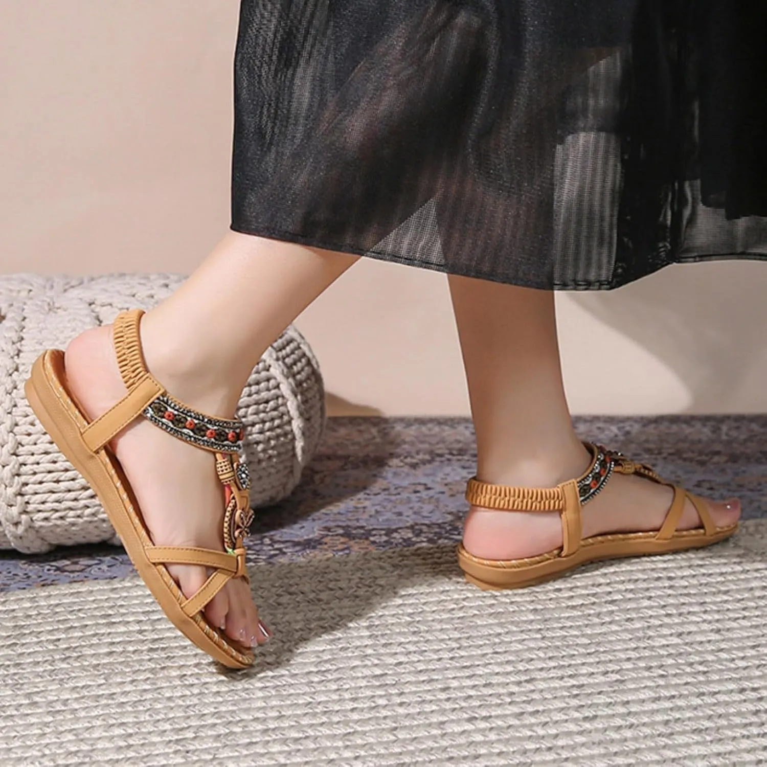 Flat Sandals for Women Dressy Open Toe Fashion Bohemian Lightweight Cushion Elastic Ankle Strap Summer Walking Shoes