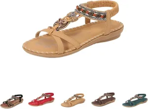 Flat Sandals for Women Dressy Open Toe Fashion Bohemian Lightweight Cushion Elastic Ankle Strap Summer Walking Shoes