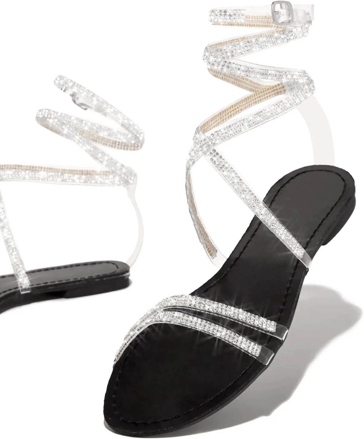 Flat Sandals for Women Dressy Rhinestone Strappy Sandals Fashion Summer Peep Toe Sandals Cute Comfortable Dress Shoes
