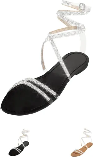Flat Sandals for Women Dressy Rhinestone Strappy Sandals Fashion Summer Peep Toe Sandals Cute Comfortable Dress Shoes