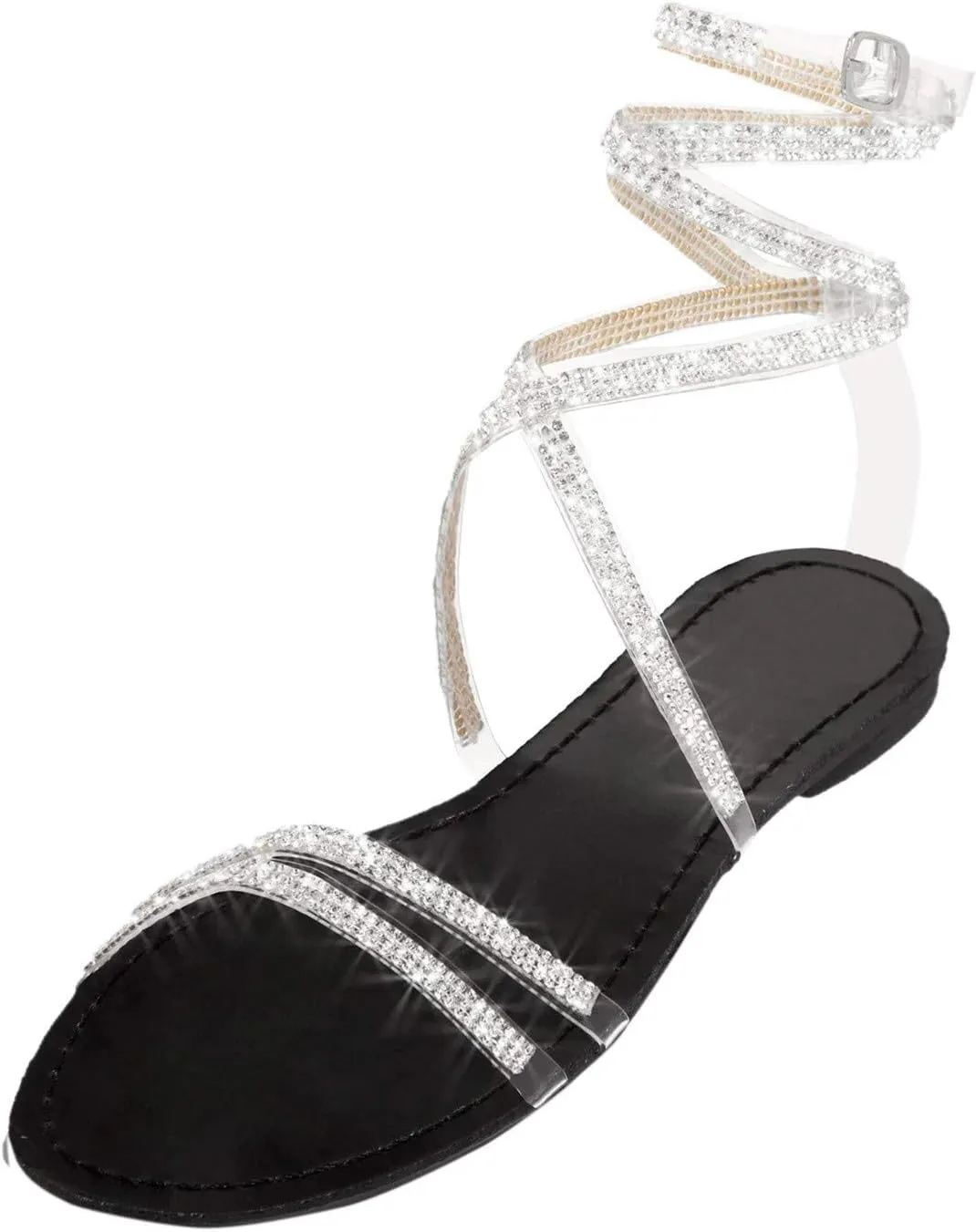 Flat Sandals for Women Dressy Rhinestone Strappy Sandals Fashion Summer Peep Toe Sandals Cute Comfortable Dress Shoes