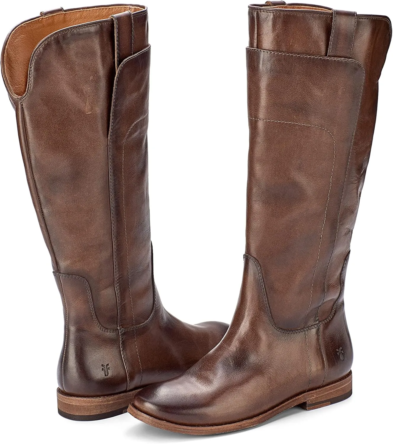 Frye Paige Tall Riding Boots for Women Made from Antiqued Italian Leather with Overlapping Front Panels, Stacked Leather Heel, and Leather Outsole  16 Shaft Height