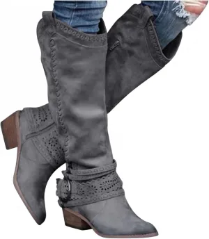 Gibobby Ankle Boots for Women Mid Knee High Boots Chunky Heel Wide Calf Side Zipper Fashion Winter Shoes Cowboy Booties