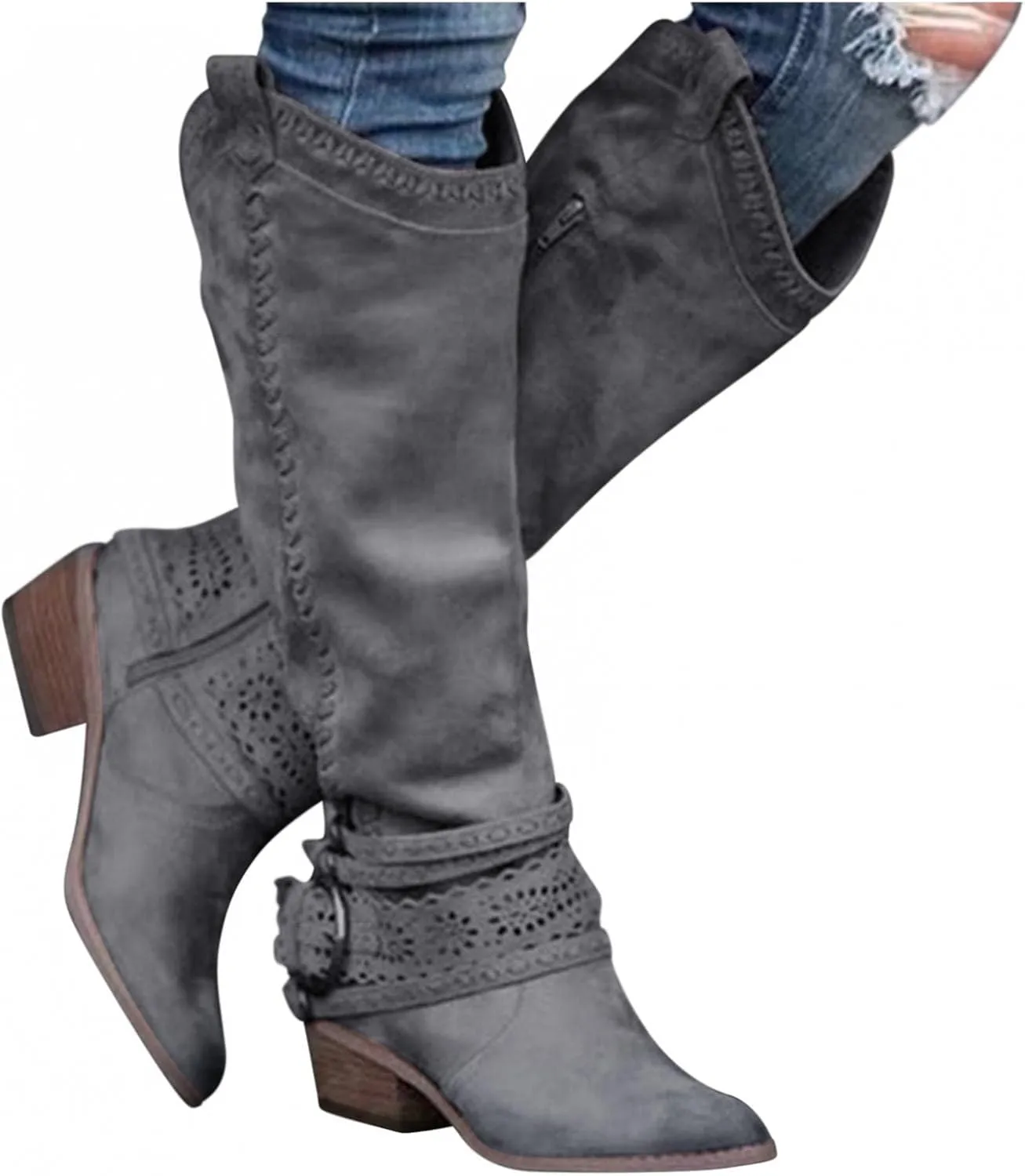 Gibobby Ankle Boots for Women Mid Knee High Boots Chunky Heel Wide Calf Side Zipper Fashion Winter Shoes Cowboy Booties