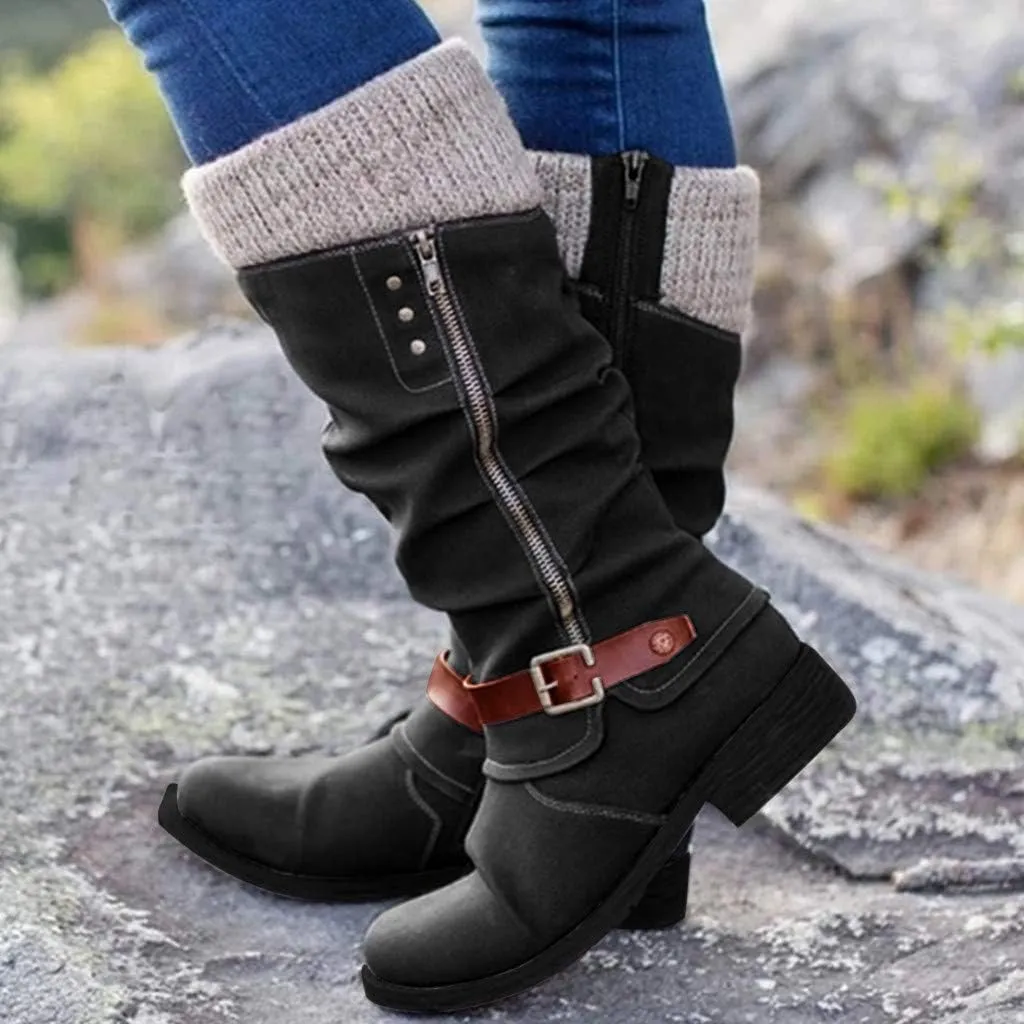 Gibobby Boots for Women,Women's Low Heel Mid Calf Boots Retro Side Zipper Knight Boots Comfy Combat Style Fall Warm Outdoor Western Shoes
