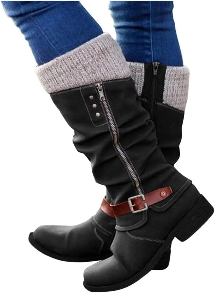 Gibobby Boots for Women,Women's Low Heel Mid Calf Boots Retro Side Zipper Knight Boots Comfy Combat Style Fall Warm Outdoor Western Shoes
