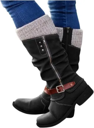 Gibobby Boots for Women,Women's Low Heel Mid Calf Boots Retro Side Zipper Knight Boots Comfy Combat Style Fall Warm Outdoor Western Shoes